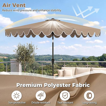 Tangkula 10 FT Patio Umbrella with Base Included, 2-Tiers Outdoor Scalloped Table Umbrella with 2 Sandbags, Tilt Adjustment, Crank, 8 Ribs for Market Backyard Pool Deck Beach Lawn