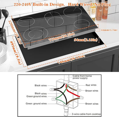 Karinear Electric Cooktop 30 Inch, 8400w 5 Burners Electric Stove Top, Built-in Ceramic Cooktop with Glass Protection Metal Frame, Multifunctional Stove for 220-240v, Hard Wire, No Plug