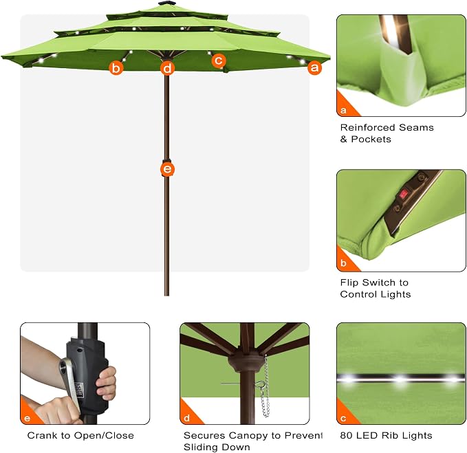 EliteShade USA 10-Year-Non-Fading 10ft 3-Tier Market Patio Umbrella, Commercial Table Umbrella with 80 Solar LED Lights, Crank Open, Windproof & UPF 50+ UV Protection for Garden, Deck, Pool, Backyard, No Tilt, Macaw Green