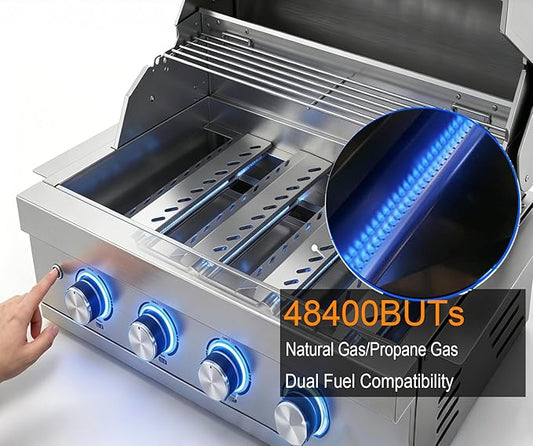 Gas Grill Built-In Head, 28-Inch 4-Burner Propane Grill, Natural Gas Convertible, Heavy Duty 304 Stainless Steel 48,400BTUs Outdoor Kitchen Island Family Cooking