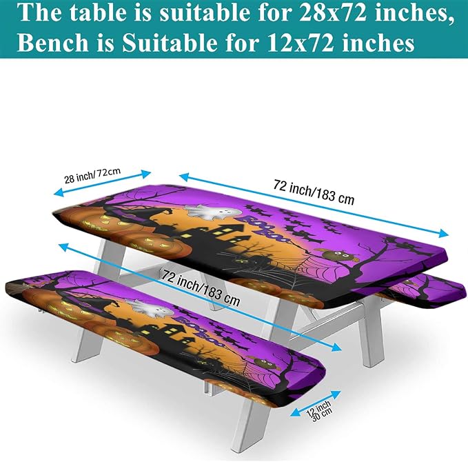 Halloween Picnic Table and Bench Fitted Tablecloth Cover, Pumpkins Ghost Waterproof Table Cover, 28x72 Inch, 3 Pieces Set, Outdoor Fitted Tablecloth for Camping Patio Park, Purple Orange