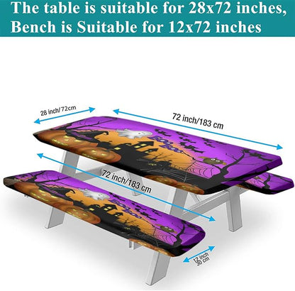 Halloween Picnic Table and Bench Fitted Tablecloth Cover, Pumpkins Ghost Waterproof Table Cover, 28x72 Inch, 3 Pieces Set, Outdoor Fitted Tablecloth for Camping Patio Park, Purple Orange