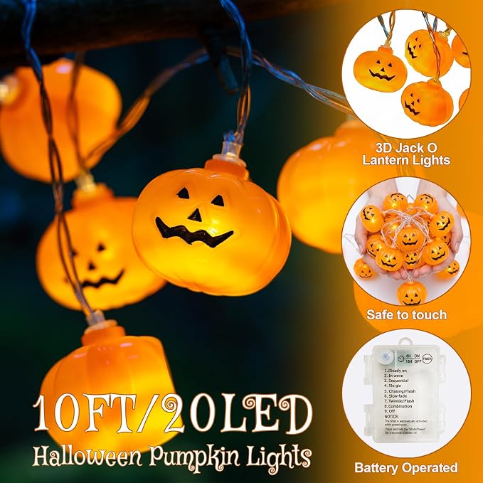 Halloween Lights Battery Operated, Pumpkin String Lights Outdoor | 10Ft, 20LED, Timer, 8 Modes, Clear Wire, 3D Plastic Pumpkin, Waterproof, Orange Cute Decor for Patio Yard Party Home