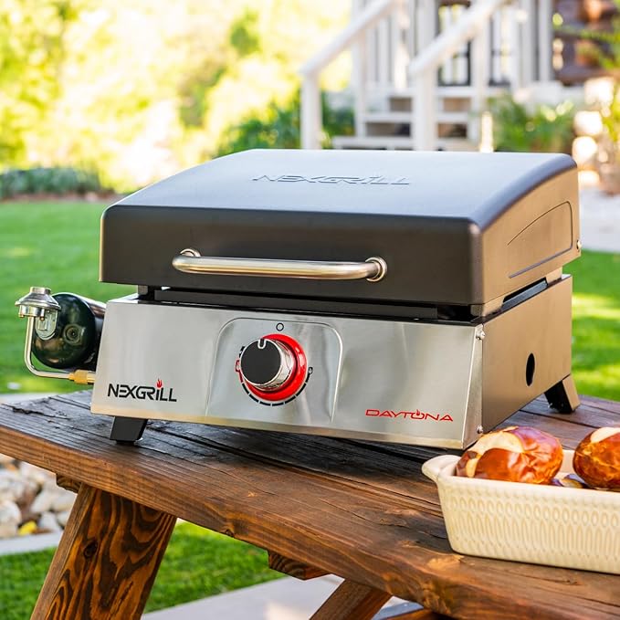 Nexgrill Daytona 1-Burner Portable Gas Griddle with Built-In Lid, 12,000 BTUs, 271 SQ In Cooking Space, Small Tabletop Propane Griddle for Outdoor Cooking, Camping, BBQs, and Parties - 820-0081