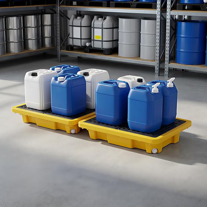 2 Pcs Spill Containment Pallet, 2-Drum Plastic Platform with Drain Outlet, 2000Lbs Load 26”x14”x4.7”, Leakproof Stackable Tray for Garage/Kitchen/Basement/Industrial Storage