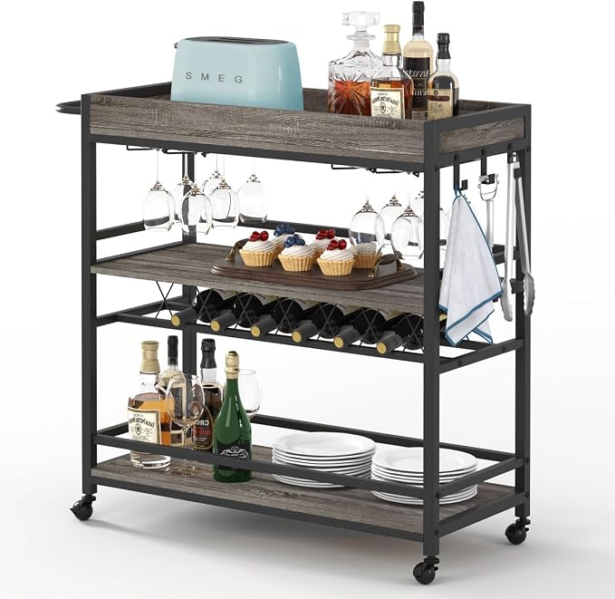 Bar Cart, Home Bar Serving Cart on Wheels, Mobile 3 Tier Liquor Beverage Carts with Wine Rack and Glass Holder (Grey Oak)
