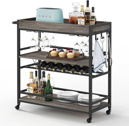 Bar Cart, Home Bar Serving Cart on Wheels, Mobile 3 Tier Liquor Beverage Carts with Wine Rack and Glass Holder (Grey Oak)