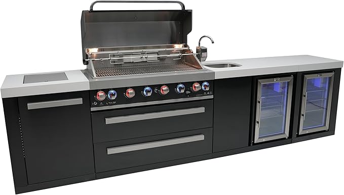 Mont Alpi Premium 132"W x 23"D Black Stainless Steel Modular Outdoor Kitchen Island + 2 Refrigerators + Beverage Center Faucet & Sink + 44"W 6-Burner BBQ Grill + Granite Countertops + Storage + Cover