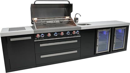 Mont Alpi Premium 132"W x 23"D Black Stainless Steel Modular Outdoor Kitchen Island + 2 Refrigerators + Beverage Center Faucet & Sink + 44"W 6-Burner BBQ Grill + Granite Countertops + Storage + Cover