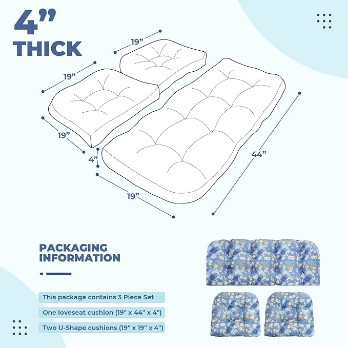 DANGHOOGY Wicker Chair Cushions, Waterproof Outdoor Loveseat Cushions for Patio Furniture, Tufted Wicker Furniture Cushions, 1 Loveseat and 2 U-Shaped Cushions (Blue Floral)