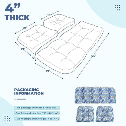 DANGHOOGY Wicker Chair Cushions, Waterproof Outdoor Loveseat Cushions for Patio Furniture, Tufted Wicker Furniture Cushions, 1 Loveseat and 2 U-Shaped Cushions (Blue Floral)