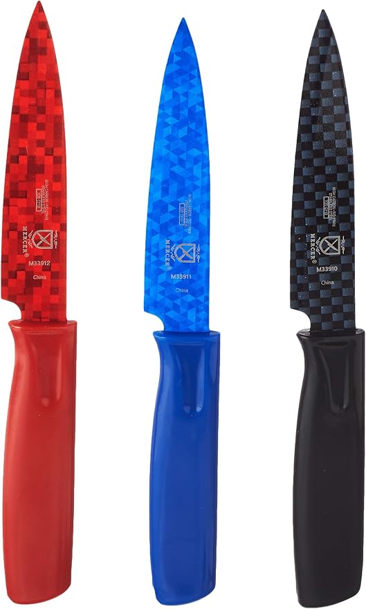 Mercer Culinary Non-Stick Paring Knives with ABS Sheaths, 4 Inch, Red/Blue/Black, 3 Pack