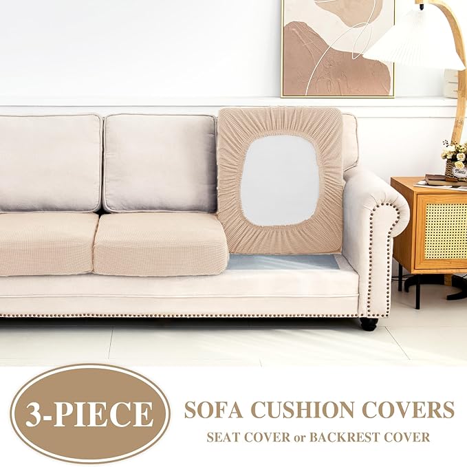 LA MEACK Couch Cushion Covers Seat Cushion Cover Stretch Couch Cover Separate Sectional Sofa Slipcovers Furniture Protector(3 Pieces for Seat or Sofa Backrest, Natural)