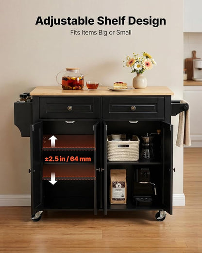 VEVOR Kitchen Island Cart with Storage, 43.58 in Wide Mobile Rolling Storage Island on Swivel Wheels, with 2 Drawers, Storage Cabinet, Drop Leaf, Spice/Towel Rack, Table for Home Dining Room, Black | Home Dining Meal Prep Station With Spice Towel Rack ...