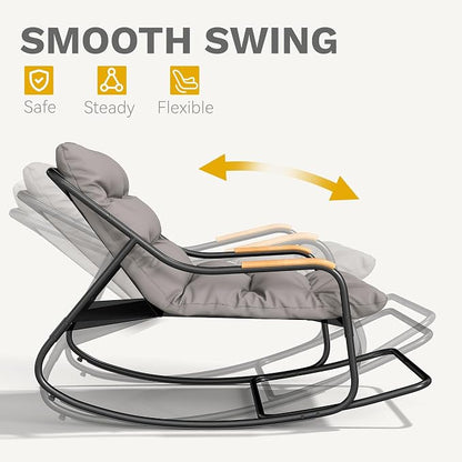 DWVO Oversized Rocking Chair, Textilene Patio Rocking Chair w/2.8" Thick Cushion & Teak Armrests, All-Weather Patio Lounge Chair for Backyard, Lawn, Garden, Black