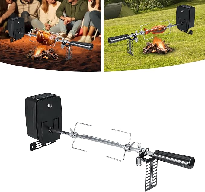 Battery-Powered Rotisserie Grill Kit - 304 Stainless Steel Camping Cookware with Auto-Spin Spit