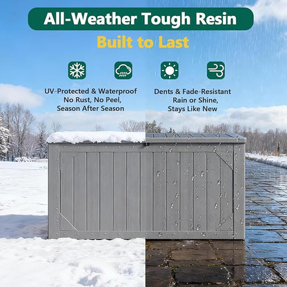100 Gallon Outdoor Storage Box, Waterproof Resin Deck Box Organizer for Patio Cushion Storage, Lockable Outside Container for Garden Tools