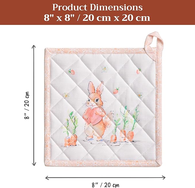 Maison d' Hermine Pot Holders 100% Cotton Heat Resistant Potholders 8" x 8" Hot Pads with Loop BBQ Cooking Baking Hotel Farmhouse Kitchen Handling Hot Pans Spring Summer (Pack of 2, Bunny Party)