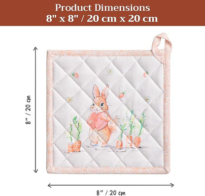Maison d' Hermine Pot Holders 100% Cotton Heat Resistant Potholders 8" x 8" Hot Pads with Loop BBQ Cooking Baking Hotel Farmhouse Kitchen Handling Hot Pans Spring Summer (Pack of 2, Bunny Party)
