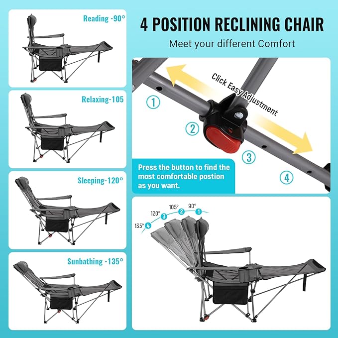 #WEJOY 2-in-1 Reclining Camping Chair with Footrest for Adults Folding Lounge Chair with Adjustable Backrest Lightweight Camping Chairs Heavy Duty Camp Chairs for Outdoor