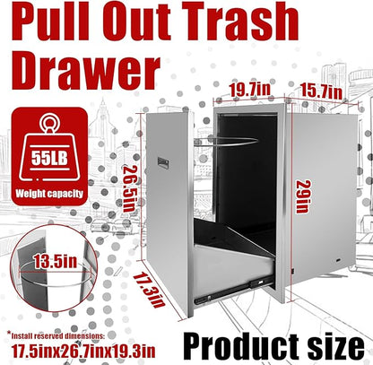 Outdoor Kitchen Single Trash Drawer 19.7'' W x 29'' H x 15.7'' D Pull Out Stainless Steel Bin Drawer Built-in Trash Drawers with Handle Suitable for Outdoor Kitchen Island Patio Grill Station