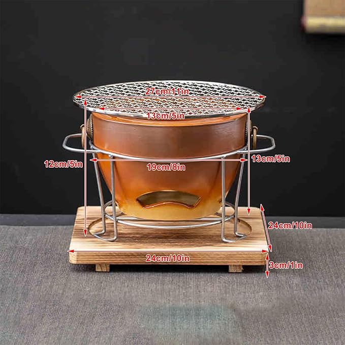 1Set Clay Charcoal Stove, Indoor Pottery Barbecue Stove, Tabletop Pottery Fire Stove, with a Wooden Pads and Grill, Metal Mesh, for Cooking Tea Stove(Yellow)