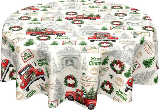 Xmas Red Truck Table Cloth Round Newbridge Green Xmas Pine Hill Tree Tablecloth 60 Inch Decor Washable Stain and Wrinkle Resistant Winter Round Table Cover for Dining Picnic