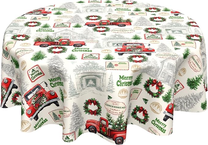 Xmas Red Truck Table Cloth Round Newbridge Green Xmas Pine Hill Tree Tablecloth 70 Inch Decor Washable Stain and Wrinkle Resistant Winter Round Table Cover for Dining Picnic