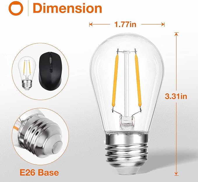 addlon LED Replacement Bulbs 2W S14 4 Pack Waterproof E26 Screw Base for Outdoor LED String Lights Shatterproof
