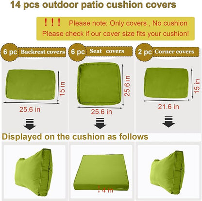 14 Piece Outdoor Patio Cushion Cover Replacement, Waterproof Patio Cushion Covers, Outdoor Furniture Cushion Covers Set for 6 Seat Wicker Rattan Sofa (Grass Green)
