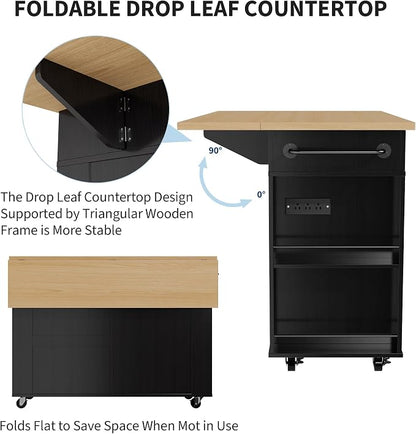 Rolling Kitchen Island with Drop Leaf Countertop, Charging Station | Ample Storage - 47.2" Mobile Kitchen Cart On Wheels with Pull-Out Shelves, Drawers, Spice Rack & Organizer Divider