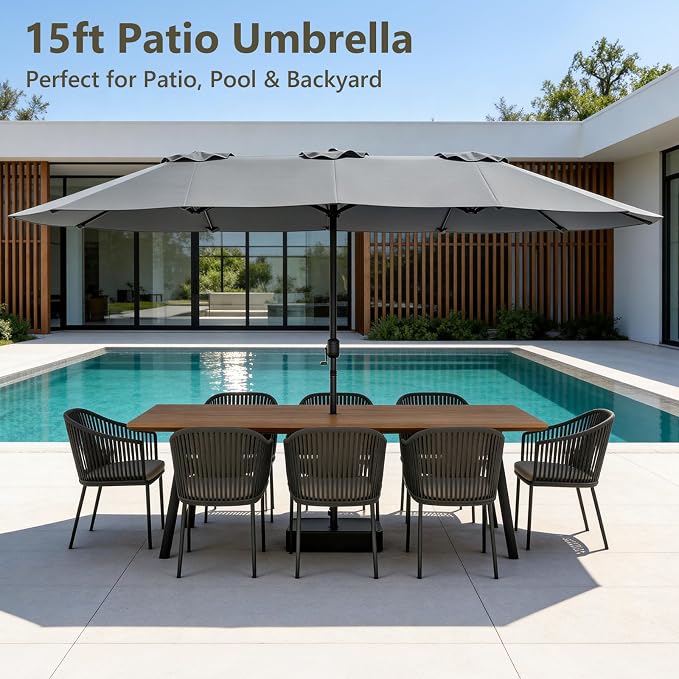 15FT Patio Umbrella, Double-Sided Outdoor Umbrella with base included, Large Standing Umbrella with Crank Handle & Ventilation, Rectangular patio umbrella for Pool, Backyard, Deck, Lawn & Beach