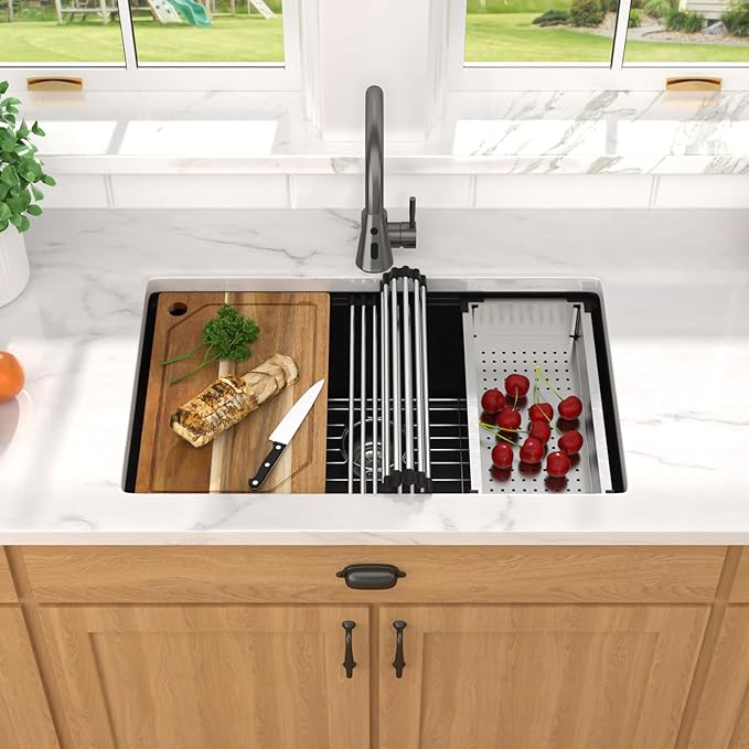 Granite Composite Kitchen Sink - 30 Inch Granite Kitchen Sink Undermount Workstation Matte Black Quartz Under Counter Single Bowl Sinks Basin All-In One, 30"x19" #TLGU-136