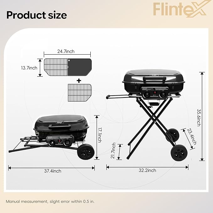 Flintex 2-Burner Portable Propane Gas Grill, Foldable 2-in-1 Camping Propane Grill with Porcelain-Enameled Griddle & Grill Grate for Outdoor Camping Picnics Backyard Cooking, Black