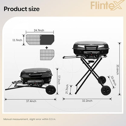 Flintex 2-Burner Portable Propane Gas Grill, Foldable 2-in-1 Camping Propane Grill with Porcelain-Enameled Griddle & Grill Grate for Outdoor Camping Picnics Backyard Cooking, Black