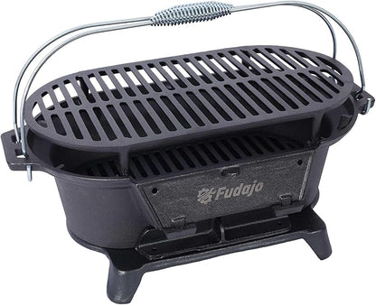 Oval Cast Iron Portable Charcoal Grill, Enameled Tabletop Hibachi Grill & Camping Stove – 100% Heavy-Duty Cast Iron Outdoor BBQ Grill for Camping, Tailgating, and Backyard Cooking, Black