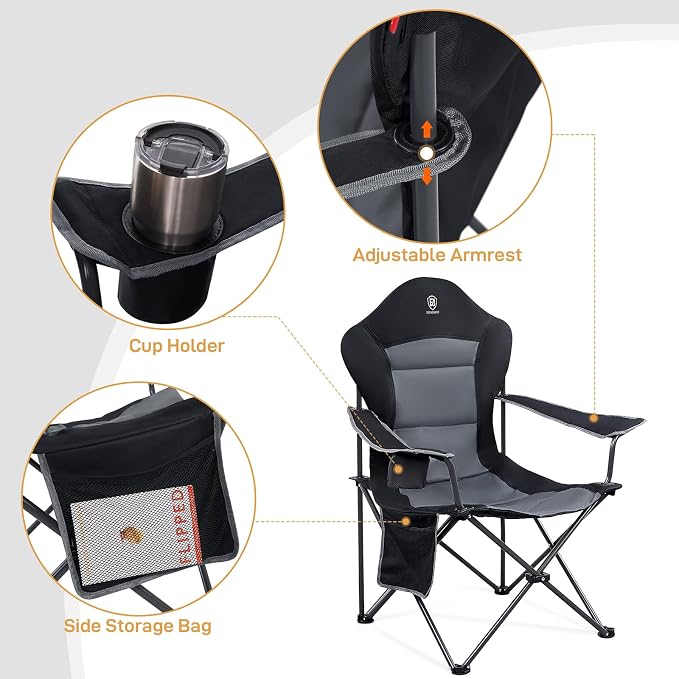 EVER ADVANCED High Back Folding Camping Chair Oversized and Fully Padded, Portable Quad Camp Lawn Chair Up to 400 lbs, with Cup Holder Armrest Carrying Bag