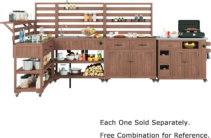 Outdoor Kitchen Cart with Stainless Steel Top, 62.3 Inch | Fir wood frame, stainless surface, raised shelf, fixed shelf, 2 lockable wheels, split-use design, BBQ prep, patio garden use
