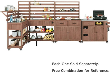 Outdoor Kitchen Cart with Stainless Steel Top, 62.3 Inch | Fir wood frame, stainless surface, raised shelf, fixed shelf, 2 lockable wheels, split-use design, BBQ prep, patio garden use