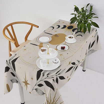 Vintage Boho Sun Moon Tablecloth Moon Phase Star Galaxy Space Wildflower Table Cloth Water Resistant Wipeable Table Cover for Farmhouse Picnic Party Holiday Kitchen Dinner Table 55"x55"