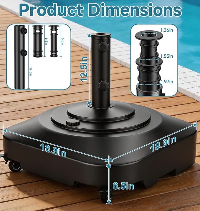 Umbrella Base with 5 Wheels, 100 lbs Max Capacity Fillable Umbrella Stand | 360°swivel wheel for flexible steering, 2 locks 2 knobs, wind-resistant design, heavy duty base for patio, deck, outdoor