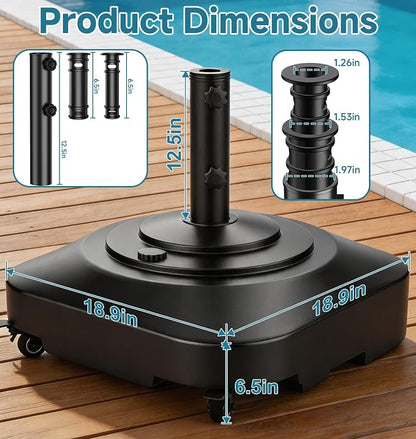 Umbrella Base with 5 Wheels, 100 lbs Max Capacity Fillable Umbrella Stand | 360°swivel wheel for flexible steering, 2 locks 2 knobs, wind-resistant design, heavy duty base for patio, deck, outdoor