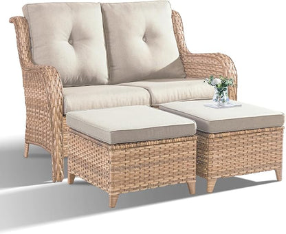 Outdoor Loveseat Sofa - 3 Piece Patio Furniture with Ottoman Deep Seating Patio Couch for Porch Deck Garden Backyard - Yellow/Beige