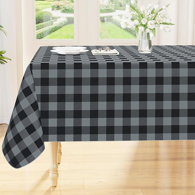 Smiry Picnic Table Cloth, Vinyl Tablecloths with Flannel Backing, 60"x120" | Waterproof Rectangle Table Cloth, Wipeable Buffalo Plaid Table Cover for Indoor and Outdoor (Black & Grey)