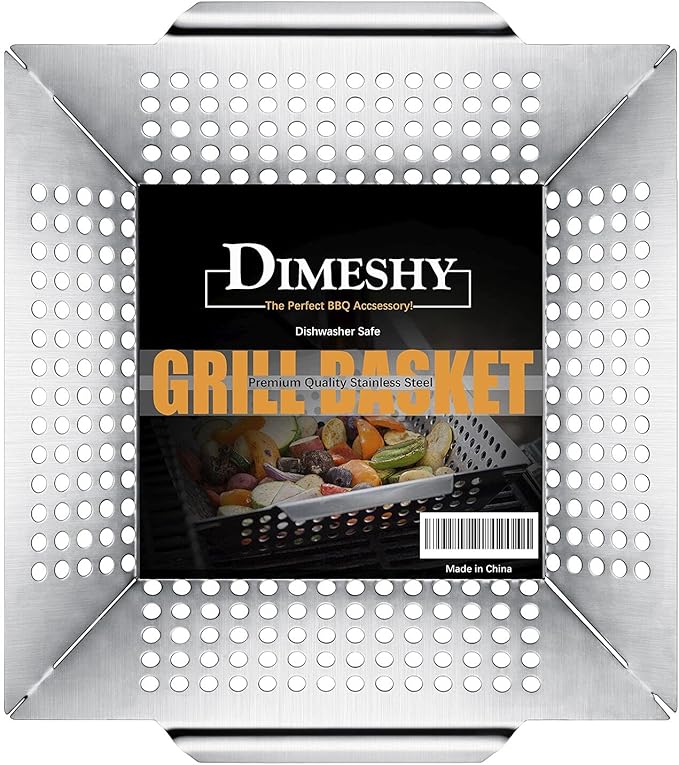 Stainless Steel Grill Basket, Large 12 Inches BBQ Accessories for Vegetable, Shrimps, Kabobs,Work for All Grill by DIMESHY