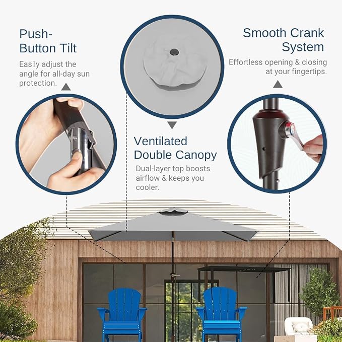 6.5' x 10' Rectangular Patio Umbrella Large Outdoor Market Umbrella w/UV Protection, Push Button Tilt and Crank Lift, Rectangle Table Umbrella for Garden, Deck, Pool, Patio, Light Gray