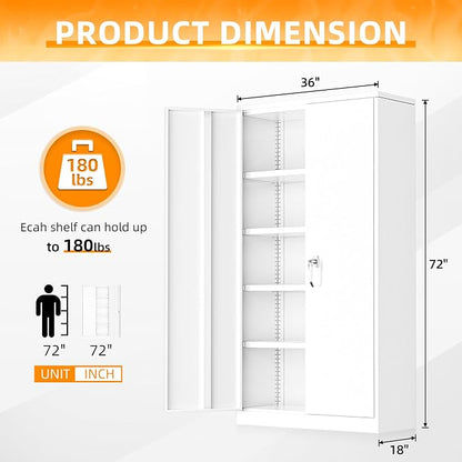 INTERGREAT White Metal Storage Cabinet Doors, 72" Locking Steel Storage Cabinet with Shelves, Tall Metal Cabinet Lockable Steel Cabinets for Home Office, Garage