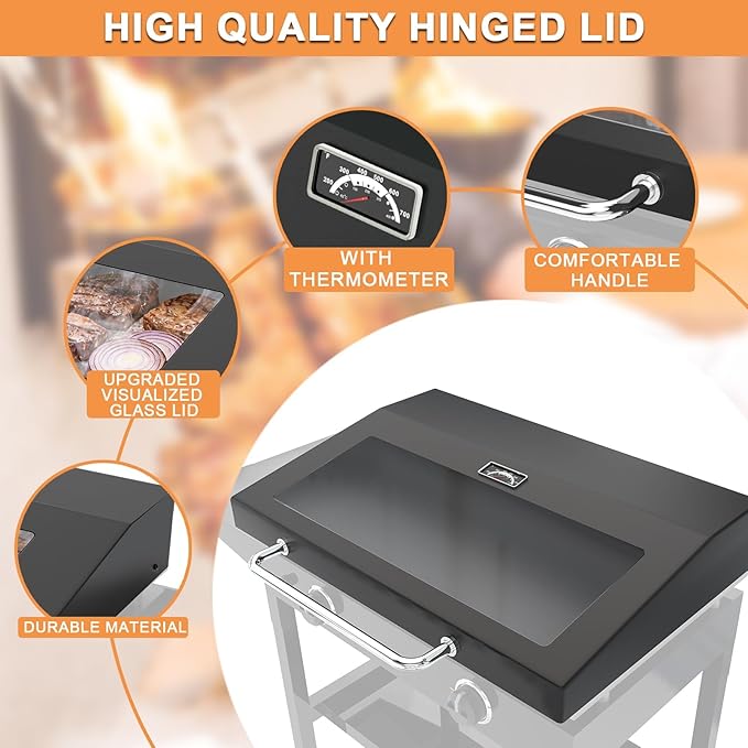 Upgrade Hinged Lid for Blackstone 28" Omnivore Griddle Hood,5857 Visualized Tempered Glass Hard Cover for Blackstone Lid 28" Omnivore 2206 1883 1517 2287 etc.Flat Top Griddle Accessories w/Thermometer