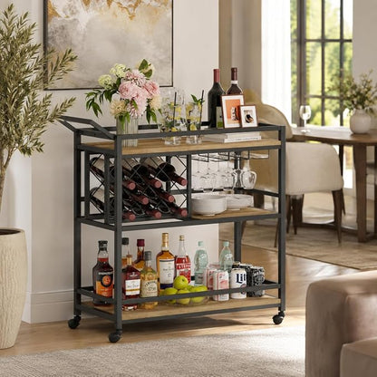 Bar Cart with Wheels, Wine & Liquor Cart for Home | Rolling Serving Cart for liquor, 3 Tier Beverage Cart with Wine Rack and Glass Holder, Rustic Oak