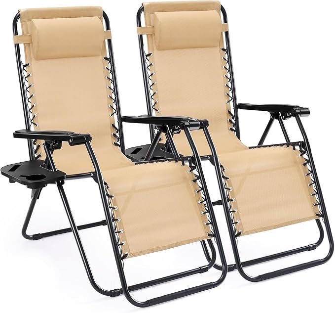 Alpen Set of 2 Outdoor Camping Chairs, Lounge Zero Gravity Chair, Khaki | Outdoor Chaise Lounge Chairs, Foldable Tanning Chair with Cup Holder for Poolside Patio Backyard Outdoor Camping